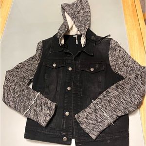Free People denim jacket in black with removable hoodie